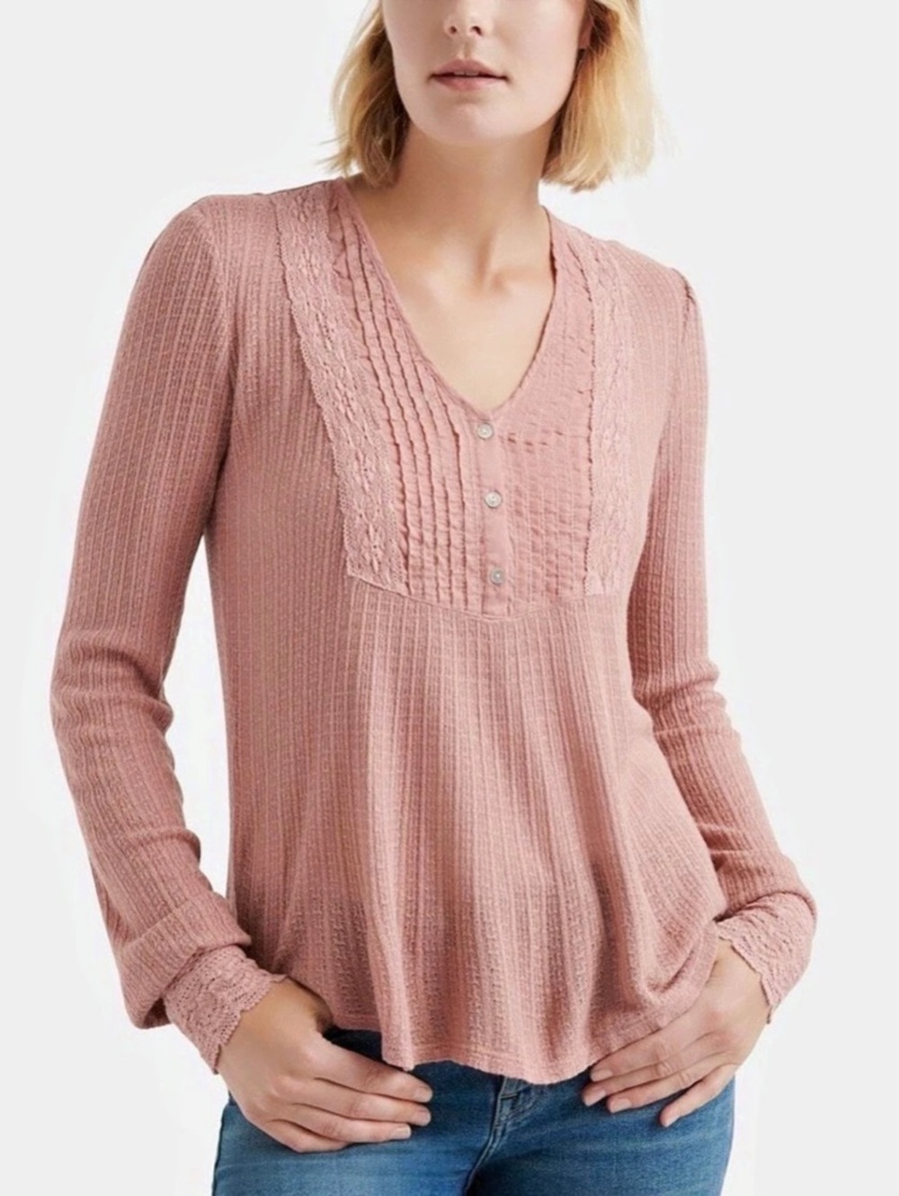 Lucky Brand Lace Trim Henley Top Pink Long Sleeve Size Medium